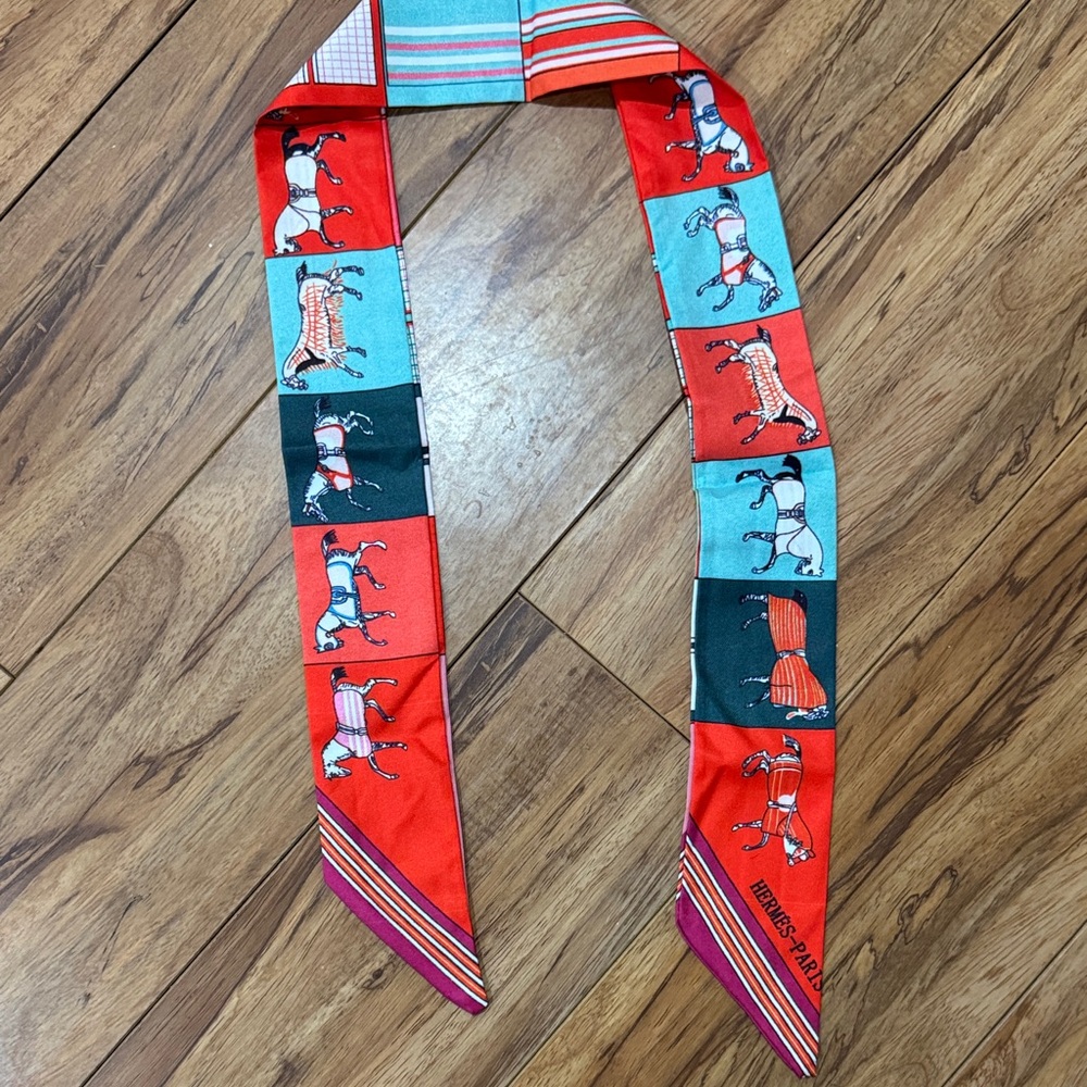 Hermès Paris Twilly Scarf with Horse Motif - Red & Turquoise